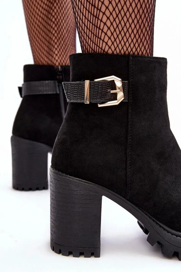 Boto Botki Ocieplane|Czarne Botki*Zamszowe Damskie Botki Na Słupku Z Ozdobą Czarne Menoria Czarny
