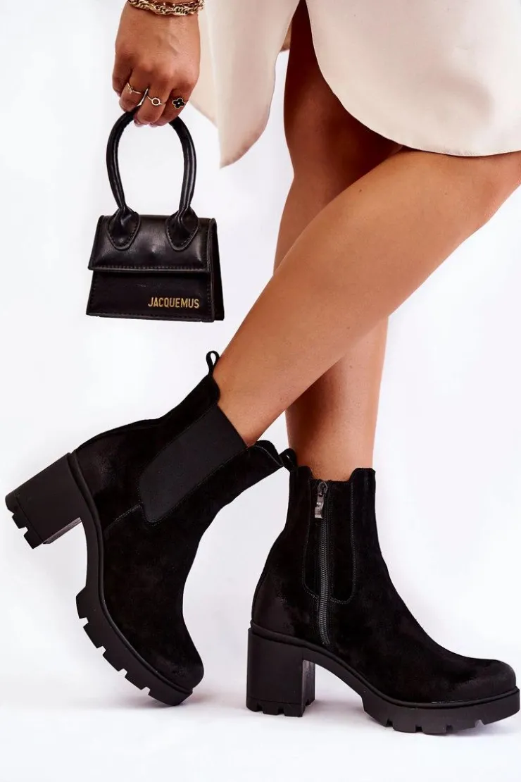 Boto Botki Ocieplane|Botki Skórzane*Zamszowe Damskie Botki Na Platformie Czarne Lemar Martine Czarny