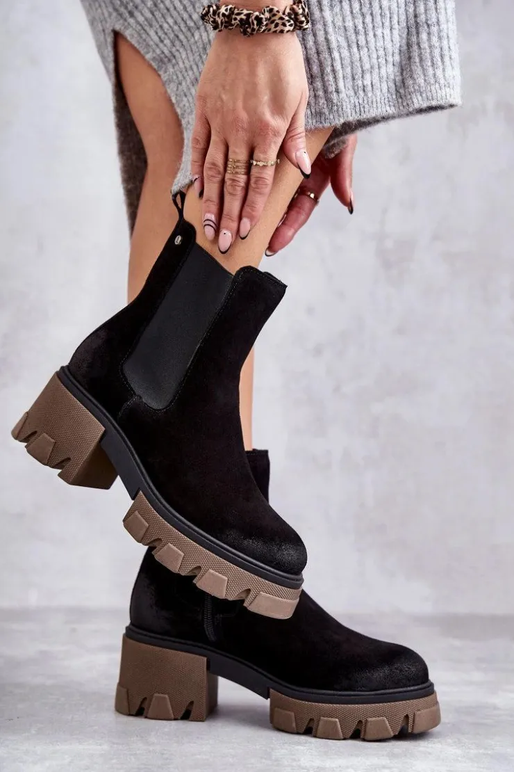 Online Boto Zamszowe Damskie Botki Na Platformie Czarne Lemar Hilde