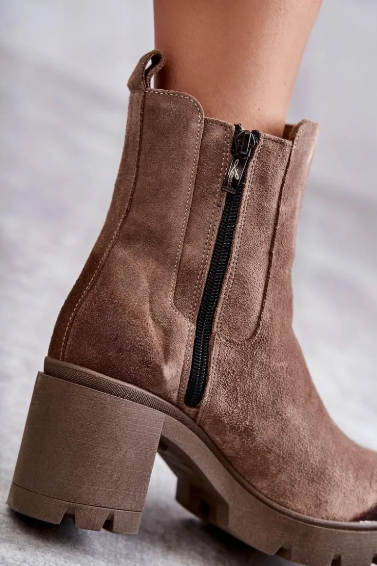 Boto Botki Ocieplane|Botki Skórzane*Zamszowe Damskie Botki Na Platformie Beżowe Lemar Martine Beżowy