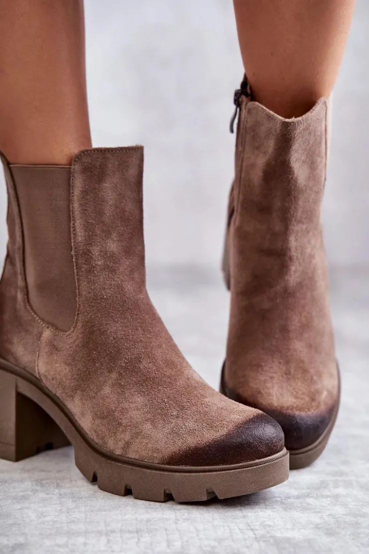 Boto Botki Ocieplane|Botki Skórzane*Zamszowe Damskie Botki Na Platformie Beżowe Lemar Martine Beżowy