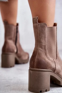 Boto Botki Ocieplane|Botki Skórzane*Zamszowe Damskie Botki Na Platformie Beżowe Lemar Martine Beżowy