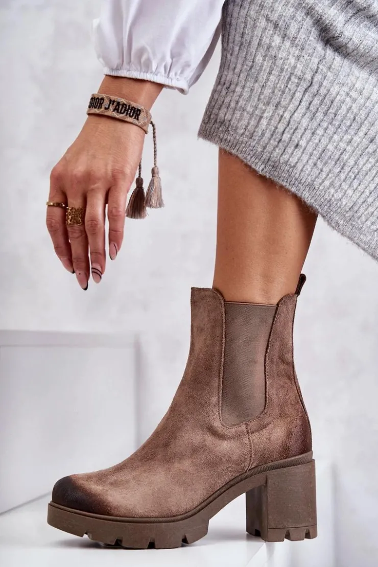 Boto Botki Ocieplane|Botki Skórzane*Zamszowe Damskie Botki Na Platformie Beżowe Lemar Martine Beżowy