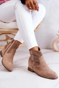 Sale Damskie buty S.Barski Zamszowe Damskie Botki Ukryty Koturn Beżowe Solene