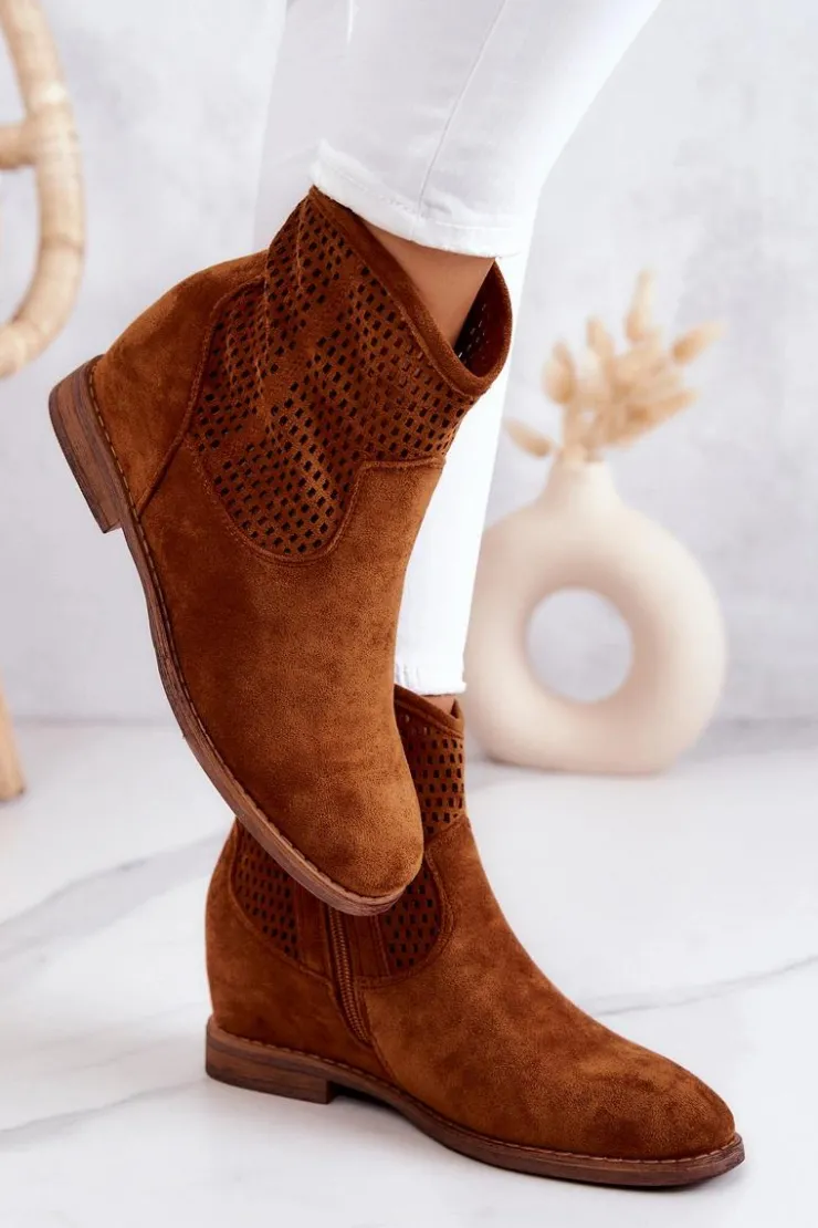 Damskie Damskie buty S.Barski Zamszowe Damskie Botki Ukryty Koturn Camel Solene