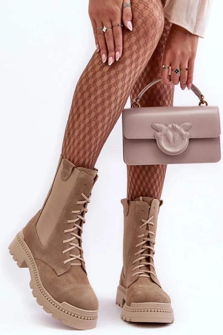 New Boto Zamszowe Damskie Botki Workery Sznurowane Beżowe Nicole 2836 Beżowy