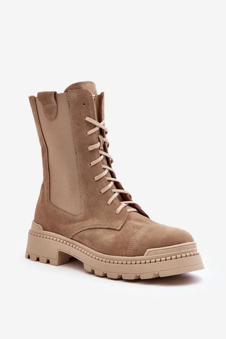 New Boto Zamszowe Damskie Botki Workery Sznurowane Beżowe Nicole 2836 Beżowy