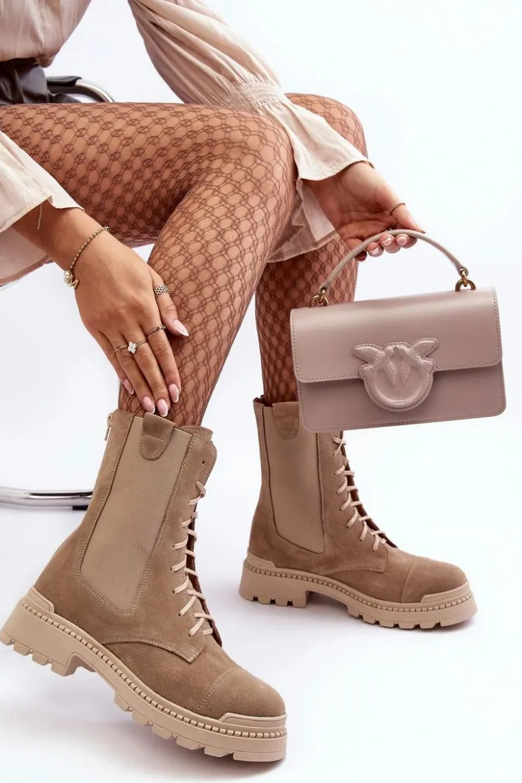 New Boto Zamszowe Damskie Botki Workery Sznurowane Beżowe Nicole 2836 Beżowy