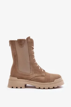 New Boto Zamszowe Damskie Botki Workery Sznurowane Beżowe Nicole 2836 Beżowy