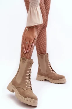 New Boto Zamszowe Damskie Botki Workery Sznurowane Beżowe Nicole 2836 Beżowy