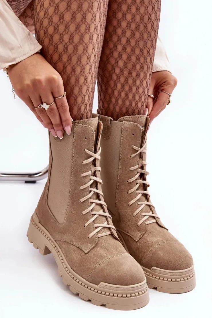 New Boto Zamszowe Damskie Botki Workery Sznurowane Beżowe Nicole 2836 Beżowy