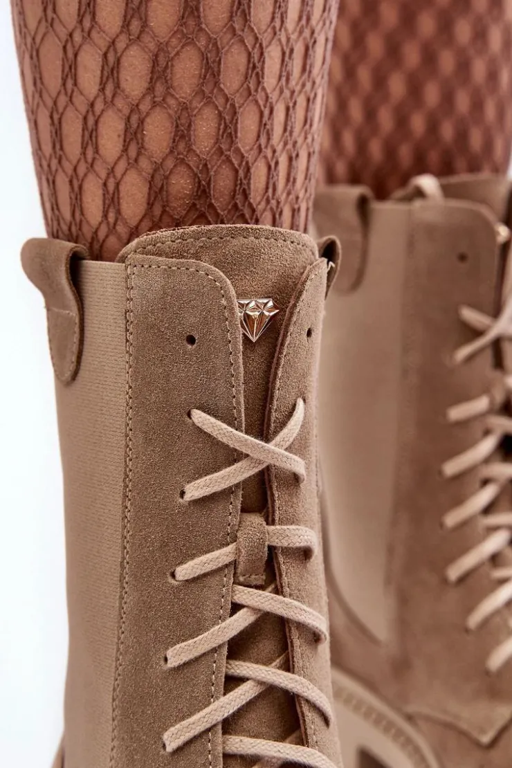 New Boto Zamszowe Damskie Botki Workery Sznurowane Beżowe Nicole 2836 Beżowy