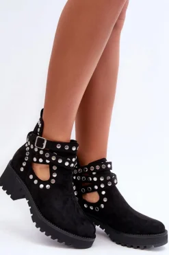 Boto Botki Wiosenne|Czarne Botki*Zamszowe Damskie Botki Z Ozdobnymi Ćwiekami Czarne Bella