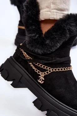 New Boto Zamszowe Damskie Botki Z Ozdobnym Łańcuchem Czarne Respecto