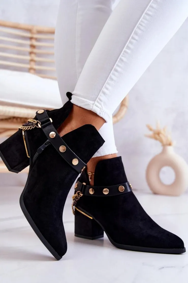 Boto Botki Wiosenne|Botki Na Słupku*Zamszowe Damskie Botki Z Łańcuszkami Czarne Tracy