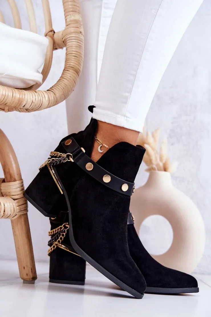 Boto Botki Wiosenne|Botki Na Słupku*Zamszowe Damskie Botki Z Łańcuszkami Czarne Tracy