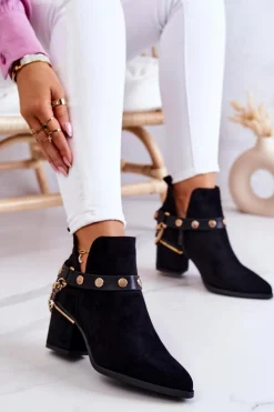 Boto Botki Wiosenne|Botki Na Słupku*Zamszowe Damskie Botki Z Łańcuszkami Czarne Tracy