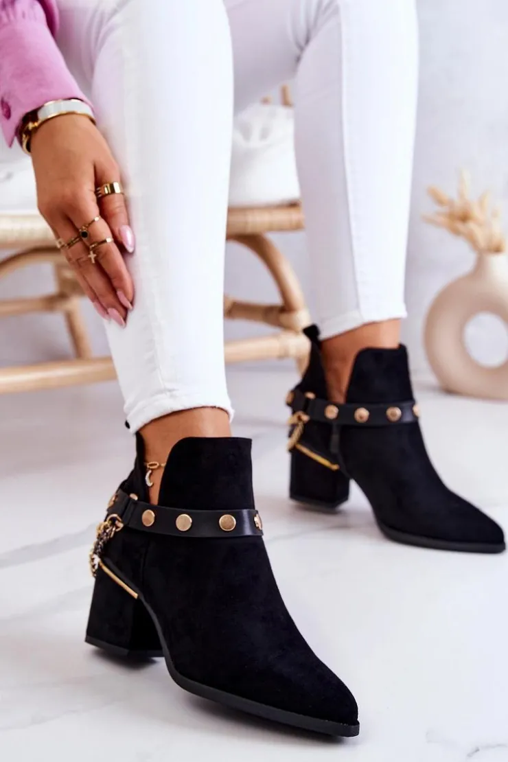 Boto Botki Wiosenne|Botki Na Słupku*Zamszowe Damskie Botki Z Łańcuszkami Czarne Tracy