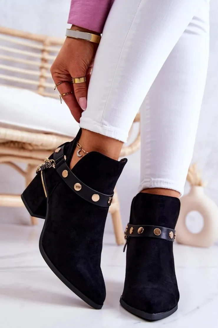Boto Botki Wiosenne|Botki Na Słupku*Zamszowe Damskie Botki Z Łańcuszkami Czarne Tracy