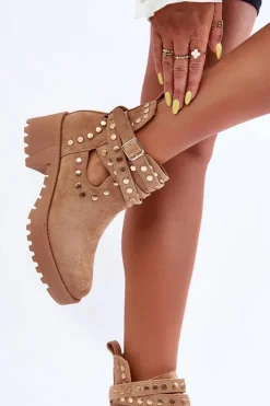 Damskie Boto Zamszowe Damskie Botki Z Ozdobnymi Ćwiekami Beżowe Bella