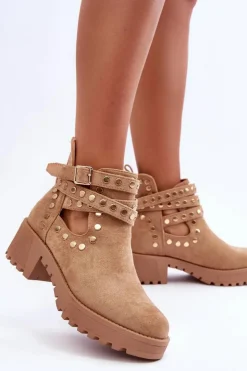 Damskie Boto Zamszowe Damskie Botki Z Ozdobnymi Ćwiekami Beżowe Bella