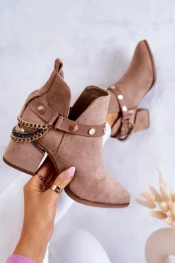 Discount Boto Zamszowe Damskie Botki Z Łańcuszkami Ciemnobeżowe Tracy