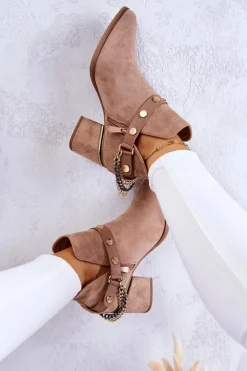 Discount Boto Zamszowe Damskie Botki Z Łańcuszkami Ciemnobeżowe Tracy