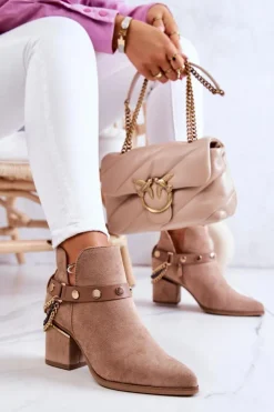 Discount Boto Zamszowe Damskie Botki Z Łańcuszkami Ciemnobeżowe Tracy