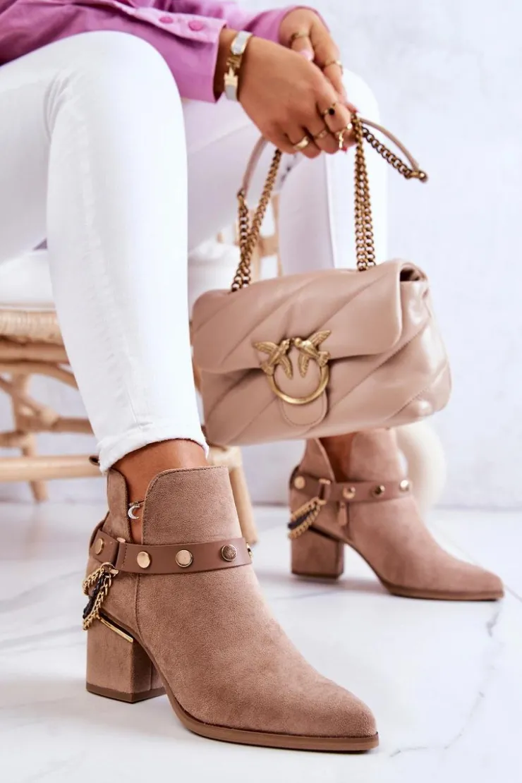 Discount Boto Zamszowe Damskie Botki Z Łańcuszkami Ciemnobeżowe Tracy