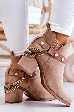 Discount Boto Zamszowe Damskie Botki Z Łańcuszkami Ciemnobeżowe Tracy