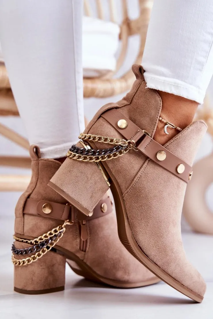 Discount Boto Zamszowe Damskie Botki Z Łańcuszkami Ciemnobeżowe Tracy