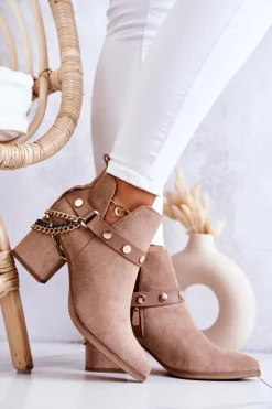 Discount Boto Zamszowe Damskie Botki Z Łańcuszkami Ciemnobeżowe Tracy