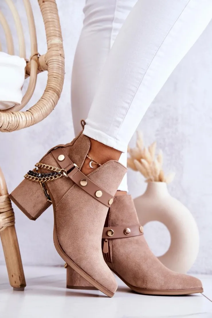 Discount Boto Zamszowe Damskie Botki Z Łańcuszkami Ciemnobeżowe Tracy