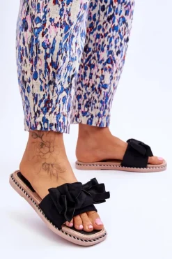 Damskie Boto Zamszowe Damskie Klapki Z Kokardą Czarne Ambra