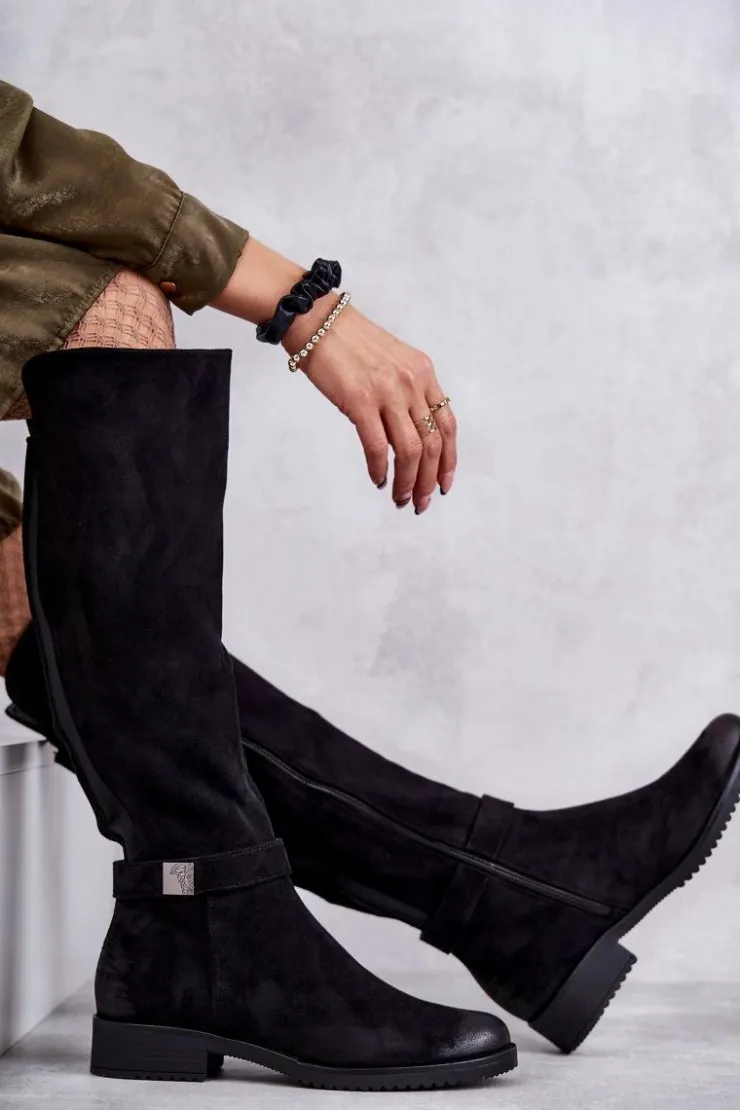 Clearance Buty damskie Vinceza Zamszowe Damskie Kozaki Na Płaskim Obcasie Czarne Henrike