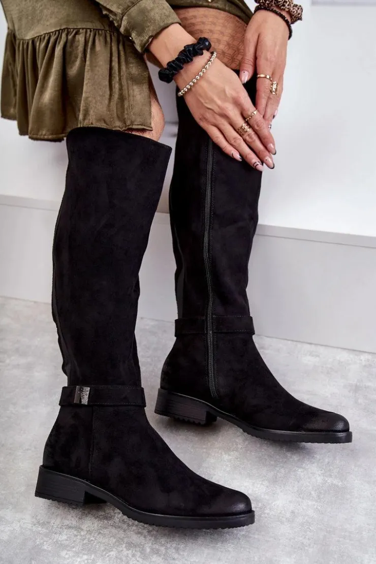 Clearance Buty damskie Vinceza Zamszowe Damskie Kozaki Na Płaskim Obcasie Czarne Henrike