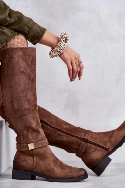 Buty damskie Vinceza Kozaki Przed Kolano|Kozaki Zamszowe*Zamszowe Damskie Kozaki Na Płaskim Obcasie Brązowe Henrike