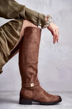 Buty damskie Vinceza Kozaki Przed Kolano|Kozaki Zamszowe*Zamszowe Damskie Kozaki Na Płaskim Obcasie Brązowe Henrike