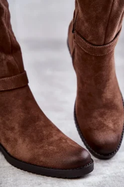 Buty damskie Vinceza Kozaki Przed Kolano|Kozaki Zamszowe*Zamszowe Damskie Kozaki Na Płaskim Obcasie Brązowe Henrike