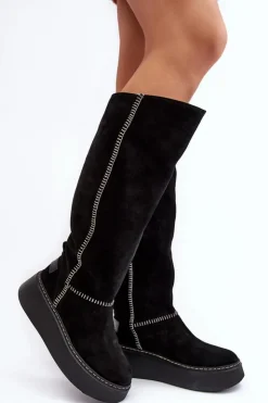 Damskie Maciejka Zamszowe Damskie Kozaki Na Masywnej Platformie 06312-01 Czarne
