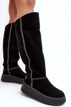 Damskie Maciejka Zamszowe Damskie Kozaki Na Masywnej Platformie 06312-01 Czarne
