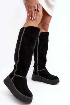 Damskie Maciejka Zamszowe Damskie Kozaki Na Masywnej Platformie 06312-01 Czarne