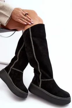 Damskie Maciejka Zamszowe Damskie Kozaki Na Masywnej Platformie 06312-01 Czarne