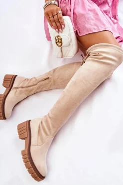 Damskie Boto Zamszowe Damskie Kozaki Za Kolano Jasnobeżowe Cheera