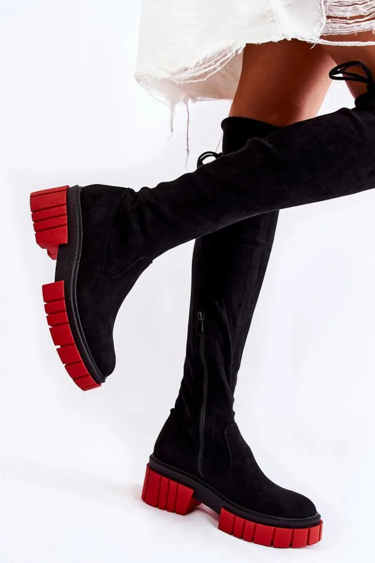 Boto Muszkieterki|Kozaki Wiosenne*Zamszowe Damskie Kozaki Za Kolano Czarno-Czerwone Cheera