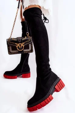 Boto Muszkieterki|Kozaki Wiosenne*Zamszowe Damskie Kozaki Za Kolano Czarno-Czerwone Cheera