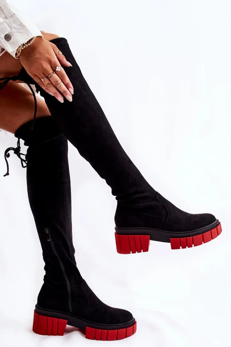 Boto Muszkieterki|Kozaki Wiosenne*Zamszowe Damskie Kozaki Za Kolano Czarno-Czerwone Cheera