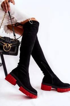 Boto Muszkieterki|Kozaki Wiosenne*Zamszowe Damskie Kozaki Za Kolano Czarno-Czerwone Cheera