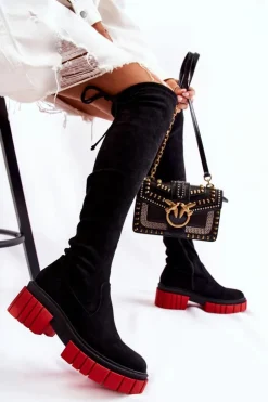Boto Muszkieterki|Kozaki Wiosenne*Zamszowe Damskie Kozaki Za Kolano Czarno-Czerwone Cheera