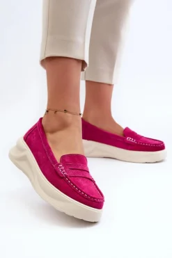Evento Loafersy Damskie|Mokasyny Na Platformie*Zamszowe Damskie Mokasyny Fuksja Filidia Różowy